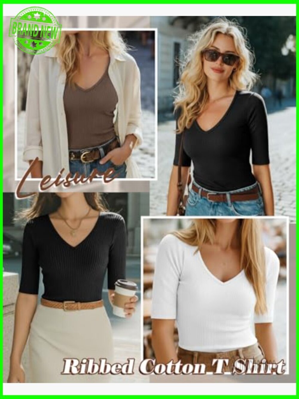 3 Pack Women's Ribbed Cotton T-Shirt Slim Fit V-Neck Half Sleeve Tee - Picture 2 of 7